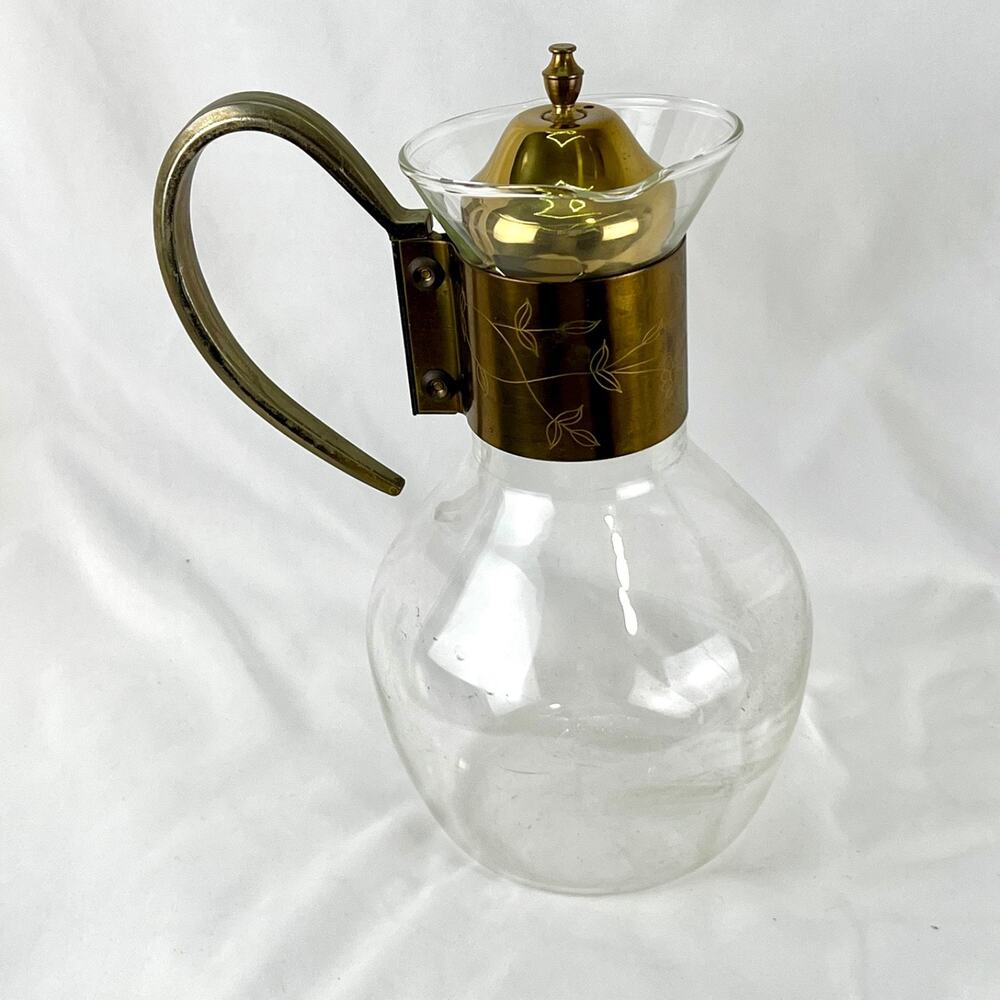 Vintage Glass Carafe Server Brass Tone Handle Floral Etched Lid Retro Barware